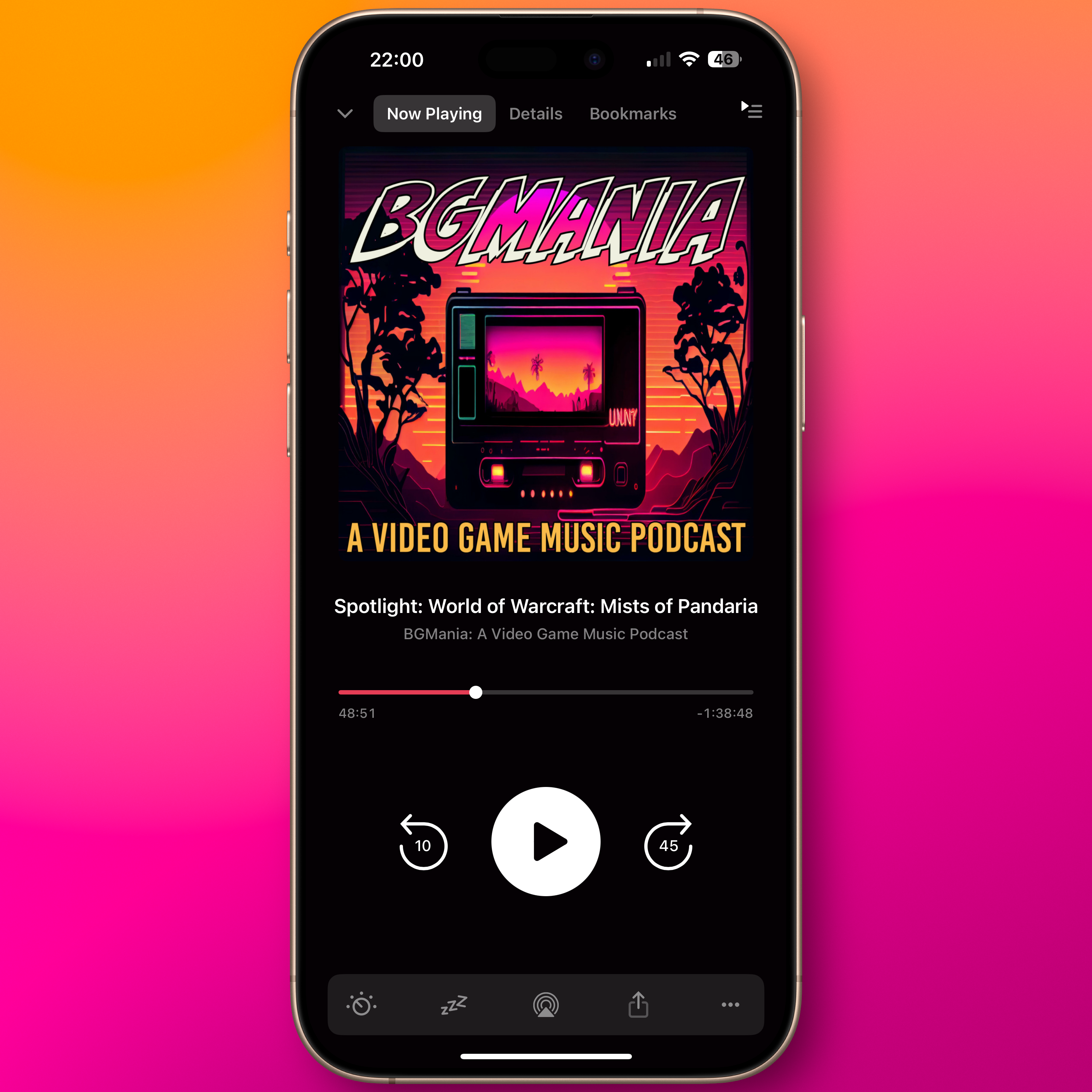 An iPhone displays a podcast episode titled "BGMania: A Video Game Music Podcast" with an image of a retro TV and palm trees on the screen.